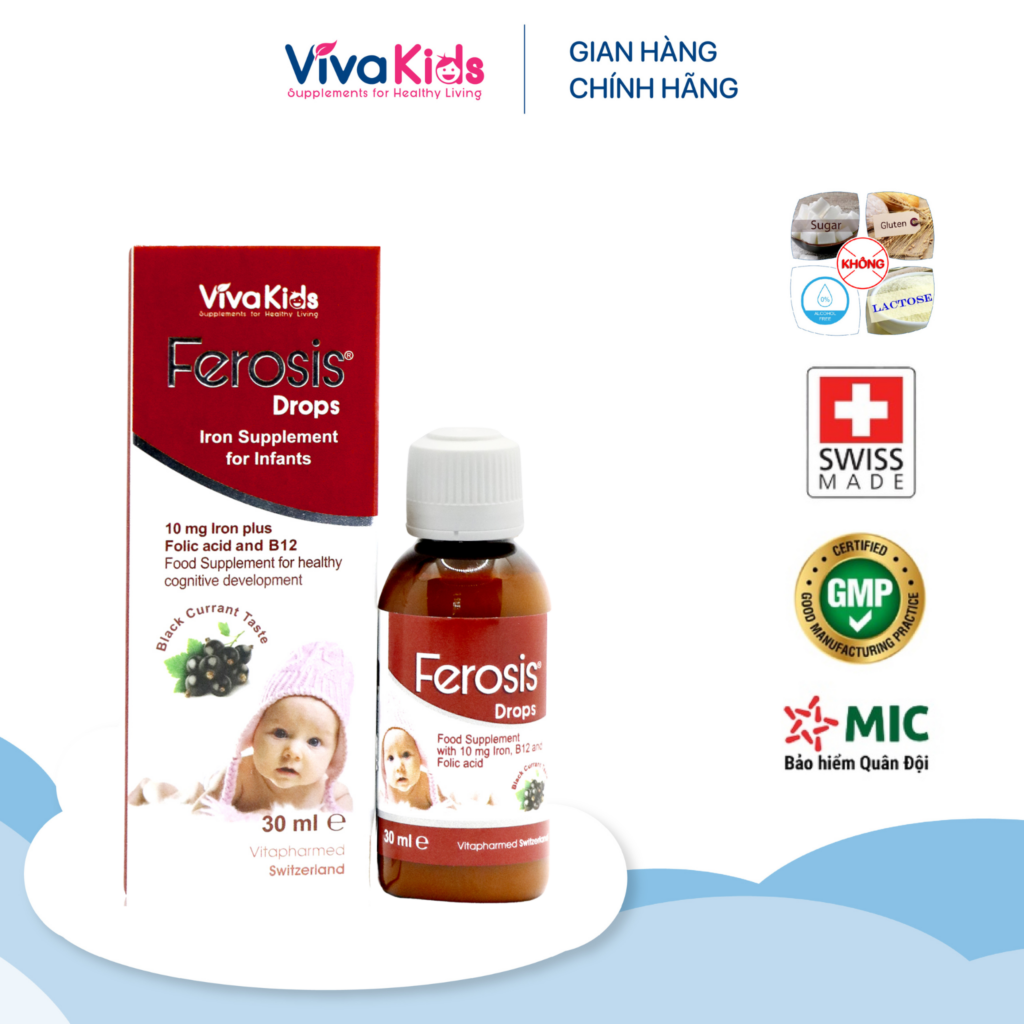 Thực phẩm bổ sung sắt cho trẻ dưới 1 tuổi dạng nhỏ giọt, dễ hấp thu - VivaKids Ferosis Drops